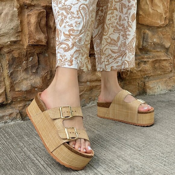 New Raffia Natural Woven Buckle Platform Slide Sandals Flat Wedge Heel Open Toe - Picture 1 of 8